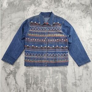 Vintage Jane Ashley Jacket Womens M Blue Brown Embroidered Denim‎ Casual Western